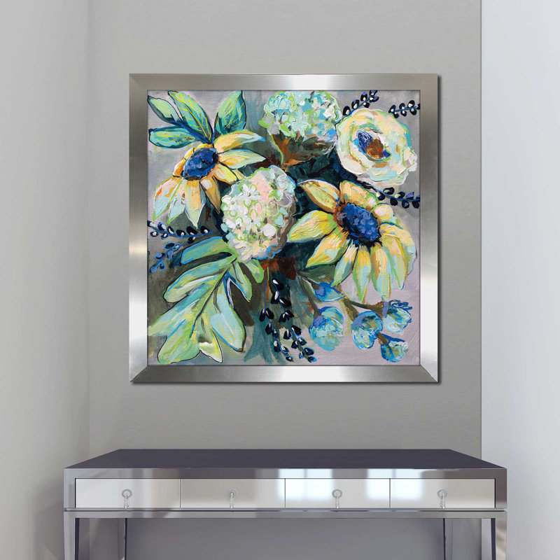 Sauge et tournesols II - Peinture, H 25,5 po x l 25,5 po x P 1 po, Encadrement argenté