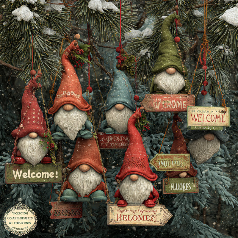 «Rustic Hanging Gnomes Welcome Signs», art mural sur toile tendue, H 20 po x l 20 po