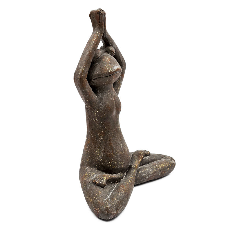 Brown Magnesium Yoga Frog Figurine in Namaste Pose with Gold Accents