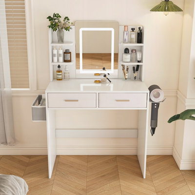 LED Light Strip Dressing Vanity Suitable for All Users, Features 3 Adjustable Light Colors, 2 Big Drawers, Hair Dryer Rack and Fabric Storage Bag