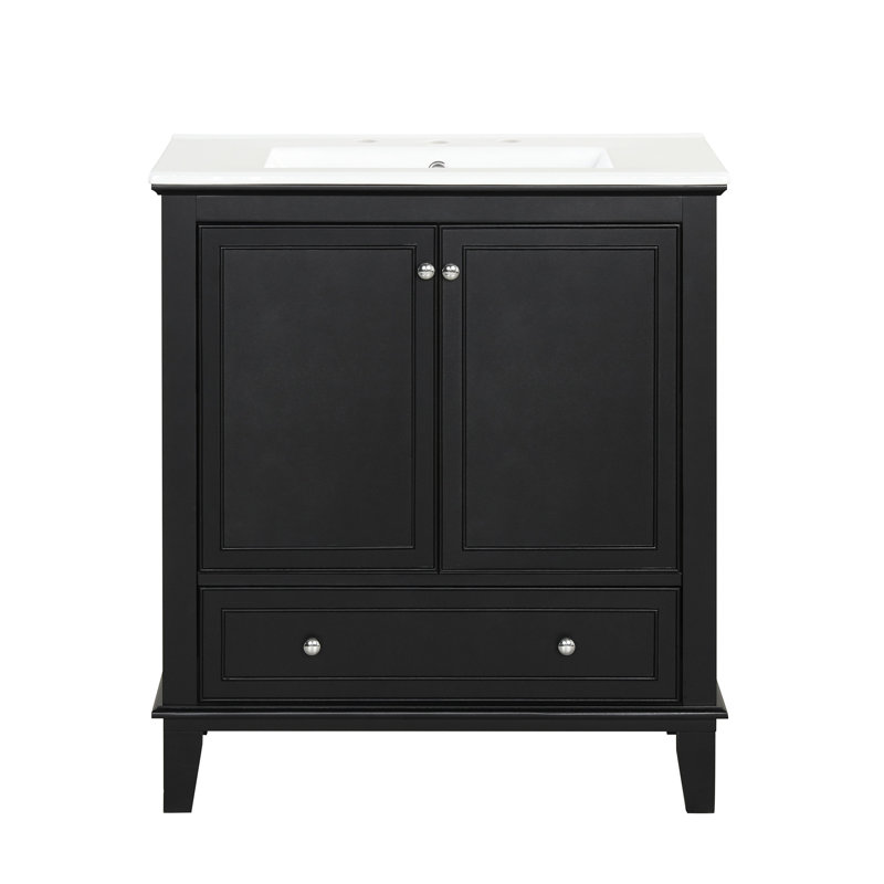 Meuble-lavabo de 30 po avec lavabo en céramique - bois massif noir et planche, armoire moderne, tiroir fonctionnel et tablette réglable