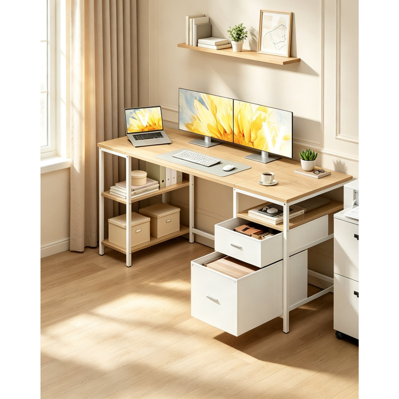160 x 60 x 76cm Natural Oak & Cloud White Industrial Computer Work Desk, Home Office Table with 3 Open Storage Shelves & 2 Storage Drawers, Multi-Purpose Writing Workstation for Living Room & Study