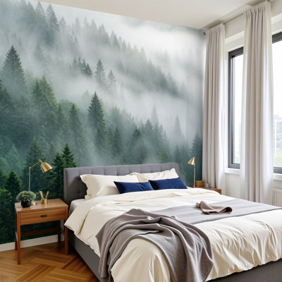 Peel and Stick Wallpaper Wall Mural Misty Pine Forest Landscape Fog Dense Evergreen Trees Wall Art Self Adhesive and Removable