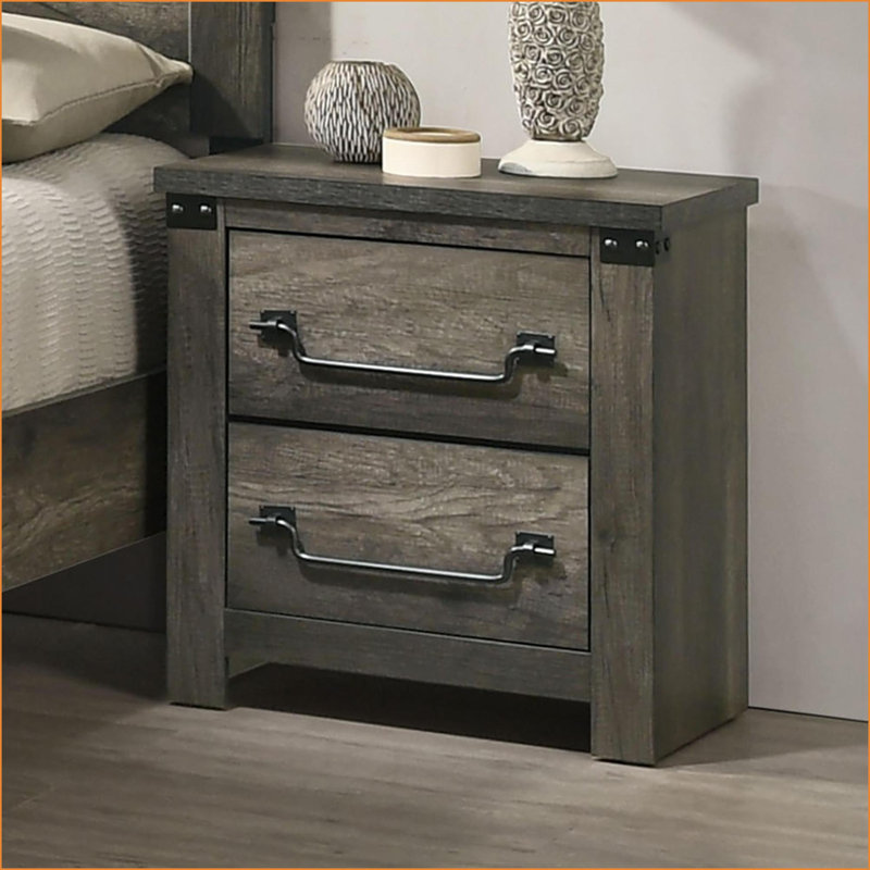 Table de chevet rustique gris avec poignées en laiton antique - 1pc