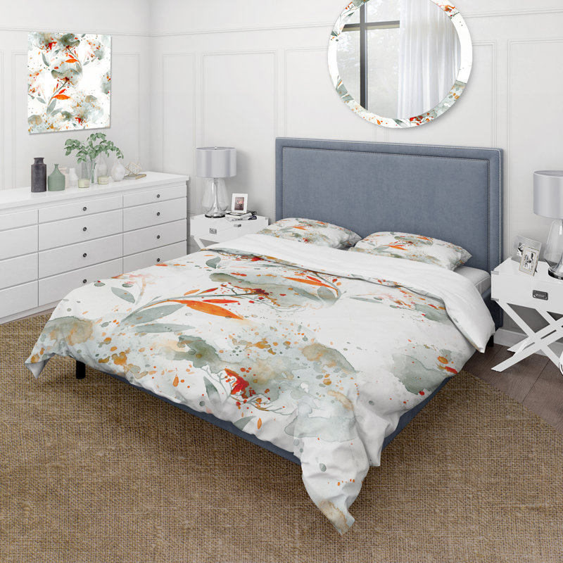 Green and Orange Wildflowers I - Ensemble de housse de couette moderne - Polyester en microfibre