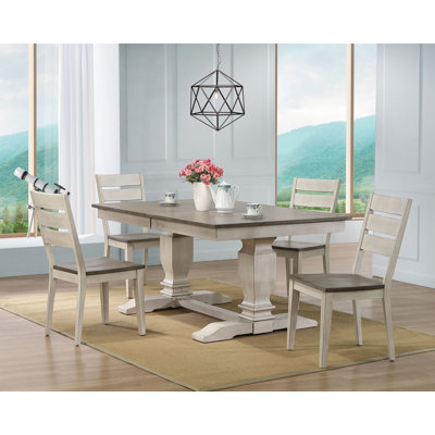 Conesha 5 - Piece Rectangle Extendable Solid Wood Double Pedestal Dining Set in White and Grey