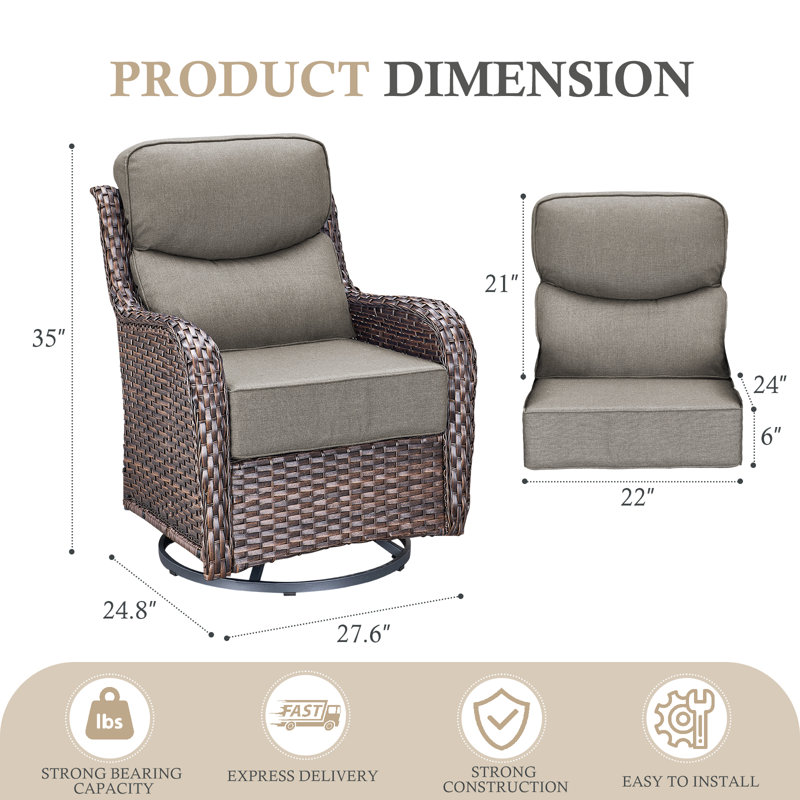 Chaises à bascule pivotantes en osier pour l'extérieur avec coussins de 6 po Deb, Gris, Brun