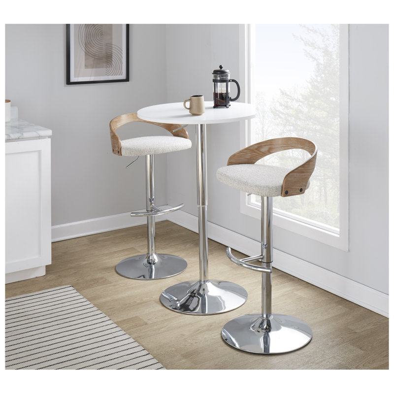 Tabouret de bar pivotant réglable en métal chromé, bois blanchi et tissu d'avoine avec repose-pieds arrondi en forme de T - Paquet de 2