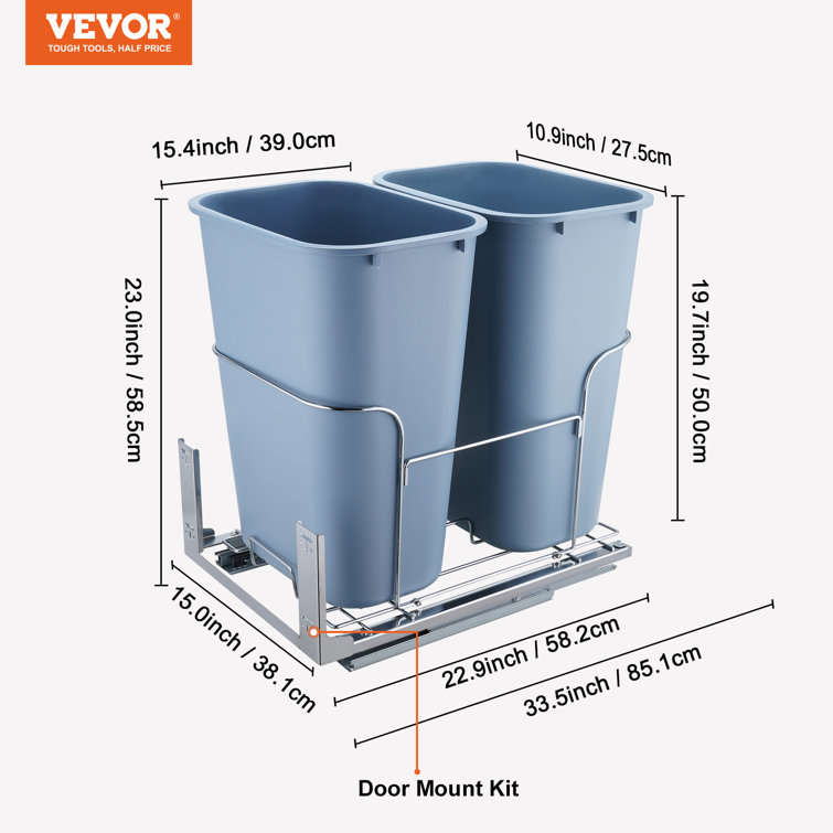 VEVOR 7 gal. Pull-Out Trash Can 66 lbs. Load Capacity 2 Bins Under Mount Garbage Recycling Bin with Soft-Close Slides, Grey, Gray