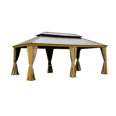 12'X20' Gazebo With Double Roof - Aluminum, Wood-Looking, Resistance, Breathable Mesh & Privacy Curtains Outdoor Roof: Aluminum Structure, Galvanized Steel Top, Fade Rust Proof, ,