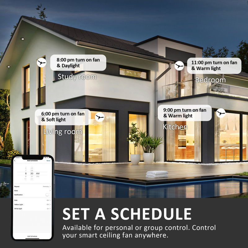 Ventilateur de plafond intelligent 52 pouces avec lumière DEL d'intérieur