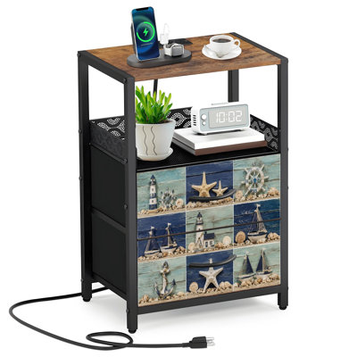 Table de chevet 2 tiroirs en tissu avec station de charge, collage nautique, étoile de mer, voiliers, phare, coquillages, chambre, table de chevet, table de bout avec tablette ouverte, ports USB et prises