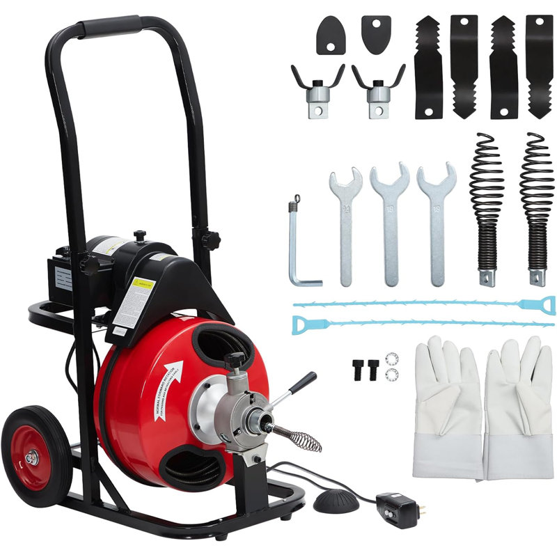 Electric Drain Auger with 75' x 3/8" Steel Cable, Automatic Feed Drain Cleaning Machine with Cutters & Wheels for Toilet, Sink & Pipe Clogs, 200W