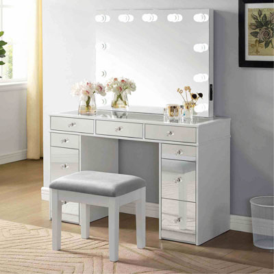Contemporary Style 1Pc Vanity Set  Mirror LED Lights Storage Drawers Wooden Glides Stool Included Bedroom Furniture