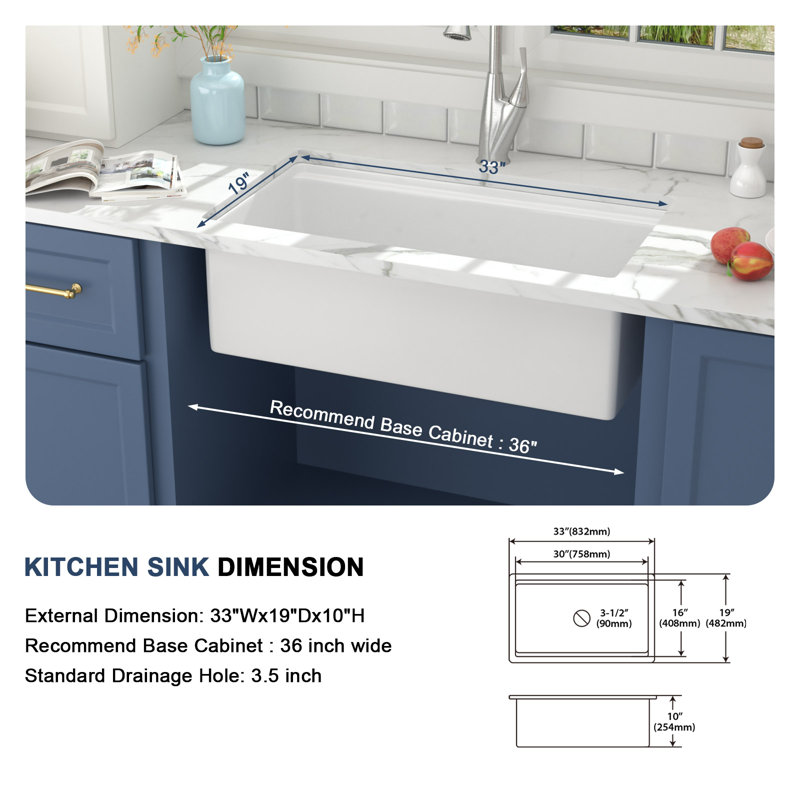 33" L x 19" W Undermount White Ceramic Workstation Kitchen Sink Drop in & Undermount White Fireclay Kitchen Sink Single Bowl Sink