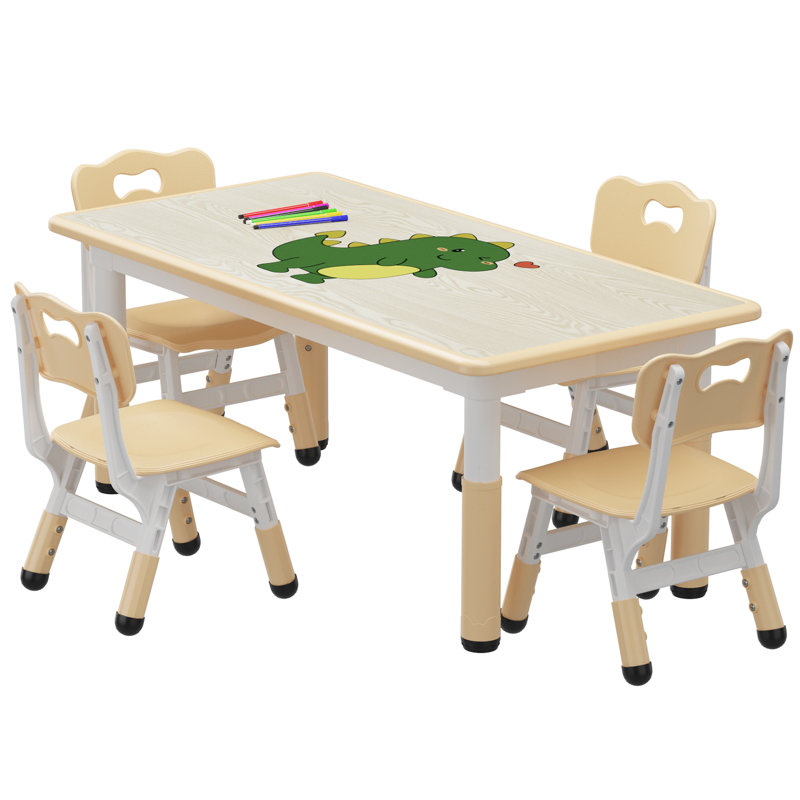 Kids 5 Piece Rectangular Play or Activity Table and Chair Set, Beige/Brown
