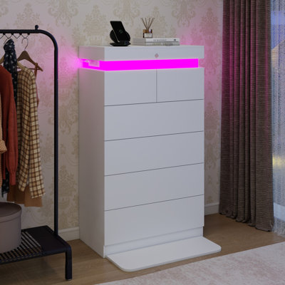  Commode moderne à 6 tiroirs 48,4 po avec lumières DEL, station de charge et rangement dissimulé