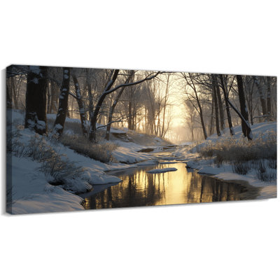  Art mural de Noël scène d'hiver, images murales de Snowy Woodland River, affiche de lever de soleil subtil, impressions de forêt tranquille, œuvre d'art sur toile pour décor de salon ou de chambre à coucher de vacances, 
