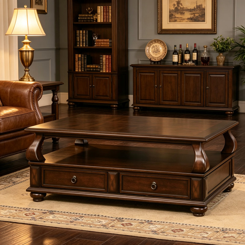 Table basse vintage rétro en bois de peuplier brun avec quatre tiroirs de rangement