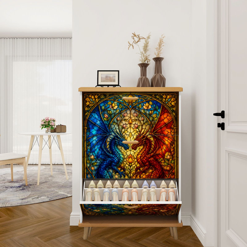 Armoire de rangement pour chaussures avec 3 tiroirs rabattables pour impression de vitrail Dragons bleu rouge Nature Elements