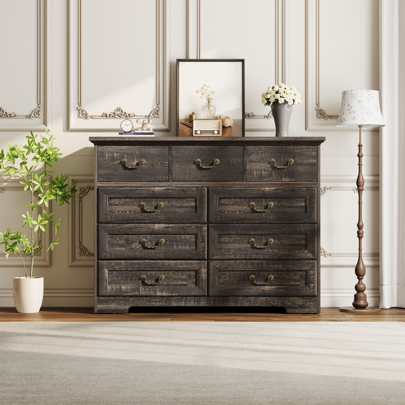 Commode noire 47 po à 9 tiroirs 47 po - tiroirs doubles, poignées en métal, poids de 250 lb, Noir