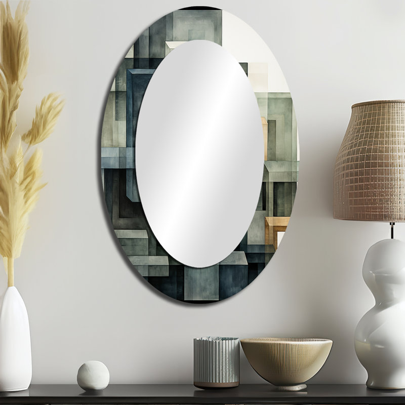 Indigo Illusion Abstract Shapes I - Gray Oval Wall Mirror Decor, 36" x 24"
