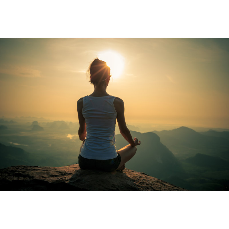 Young Fitness Woman Meditating on Sunrise Mountain Peak 1 Piece Wrapped Canvas Wall Art, 61cm H x 91cm W