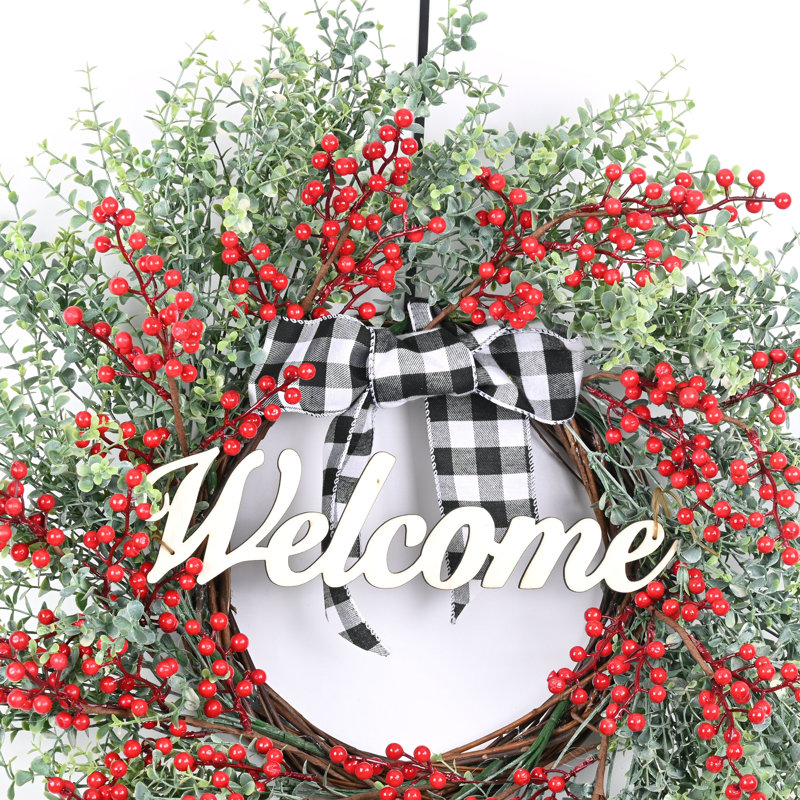 Couronne de Noël 24 po Eucalyptus and Berry Welcome, Vert/rouge