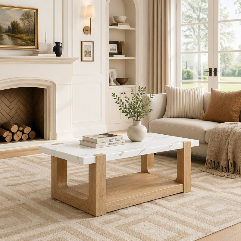 Table basse contemporaine moderne avec plateau en faux marbre et design bicolore, idéale pour rehausser l'esthétique de n'importe quel salon.