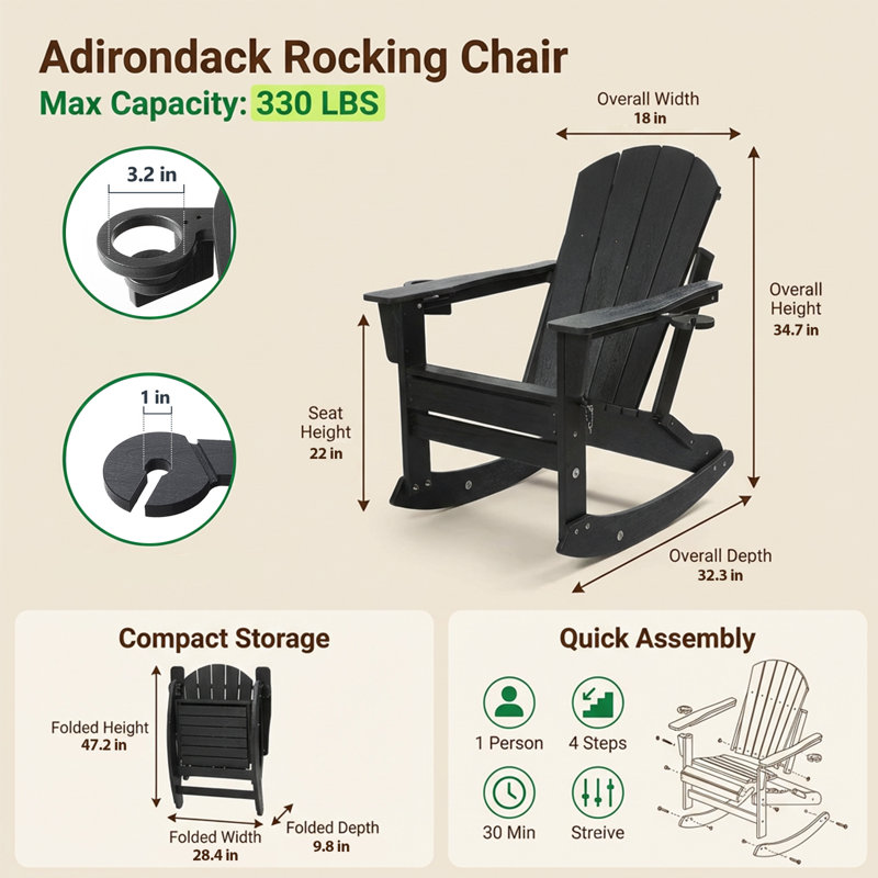 Ensemble de chaises Adirondack d'extérieur à bascule avec repose-pieds et table d'appoint pour patio, Noir