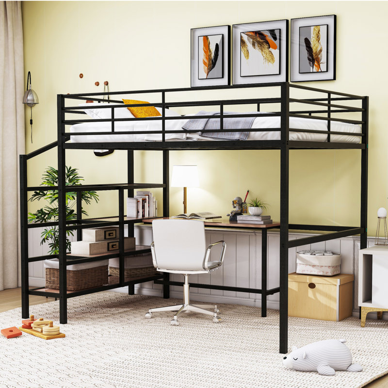 Full Size Metal Loft Bed With Desk And Lateral Storage Ladder, White, Noir