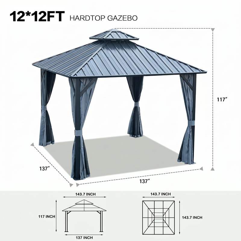 12 Ft. W x 12 Ft. D Outdoor Aluminum Hardtop Gazebo With Double Metal Roof And Curtains