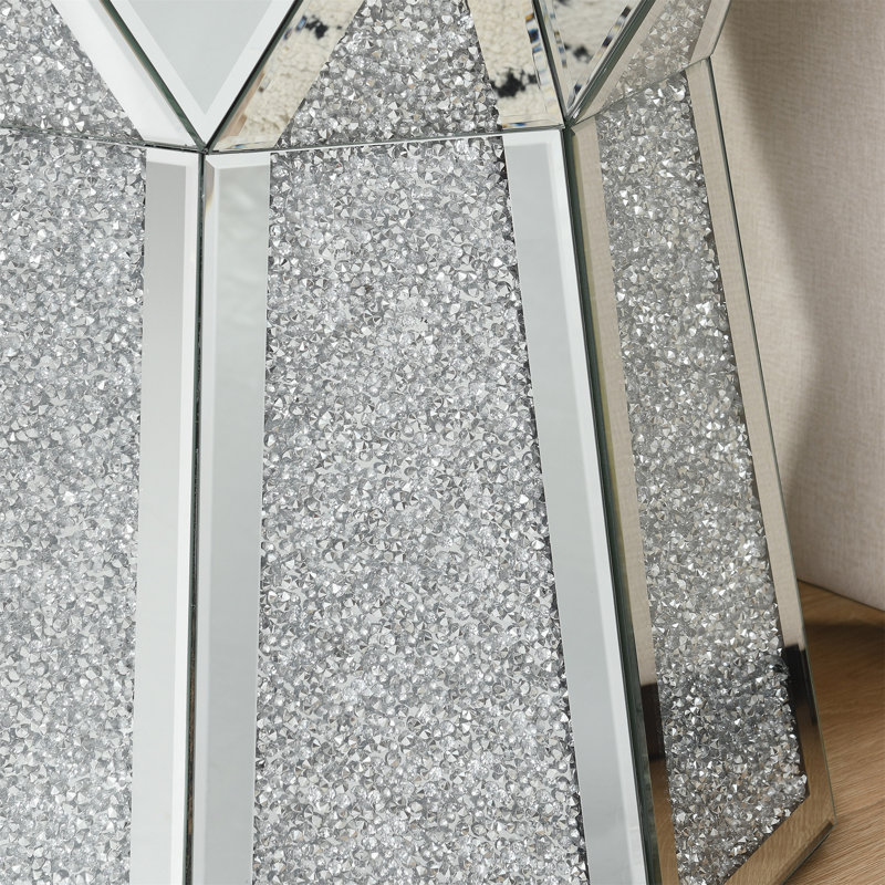 Drum Style Coffee Table With Mirror Crystal Inlay, Polygonal Silver Decorative Table