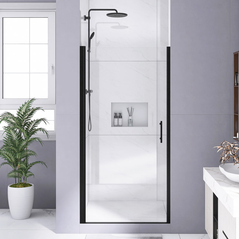 36"W X 72" H  Half Frame  Pivot Shower Door,Shower Door In Matte Black｜1 /4"(6Mm)  Tempered Glass｜ Waterproof｜Explosion Proof Film｜ Stainless Steel Handle