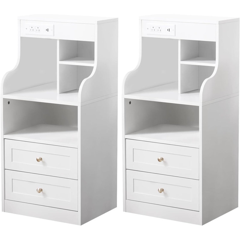 Ensemble de 2 grandes tables de chevet avec station de charge et éclairage DEL, 2 tiroirs, Blanc