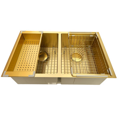 Évier de cuisine doré en nid d'abeille texturé 30 po - Double bol - Acier inoxydable 316 avec calibre 16