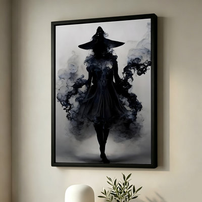 Halloween Silhouetted Figure in a Wide-Brimmed Hat, Framed Canvas Wall Art, White Frame, 24 x 36 Inch