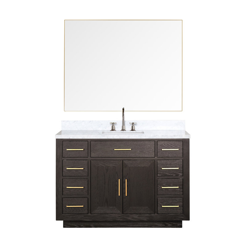 Ensemble de meuble-lavabo simple 48 "avec miroir, Chêne brun, Marbre de Carrare blanc
