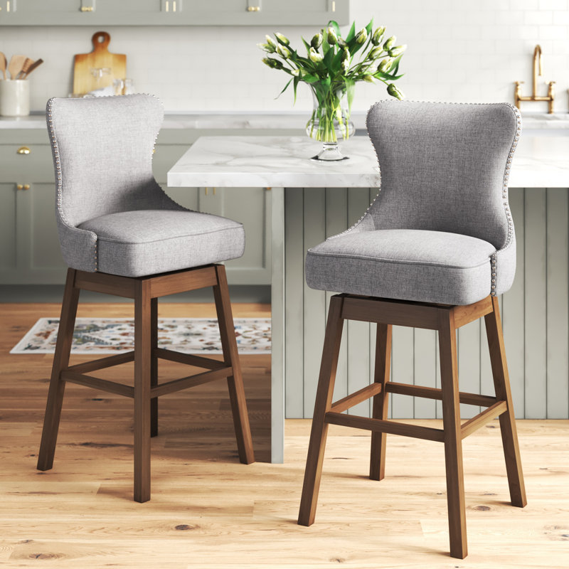 Wadley Swivel Upholstered Bar Stool with Solid Wood Frame, Gray