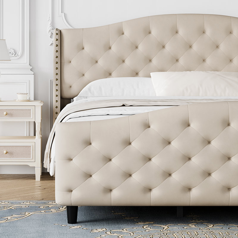 Lit plateforme capitonné Jaquail, Très grand, Beige