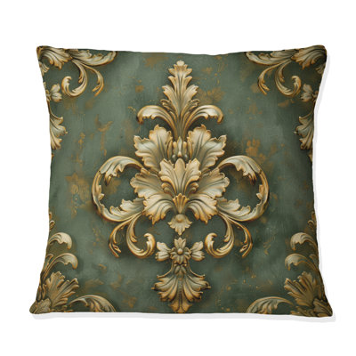Motif damassé rétro vert doré - Coussin décoratif rétro