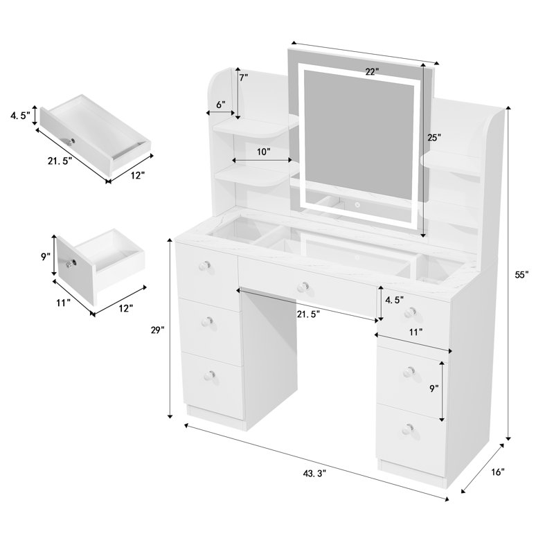 Vanity With LED Mirror And 7 Drawers And 6 Open Shelves, Marble / White