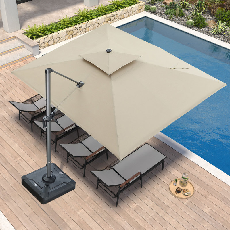 9' x 12' Heavy Duty Outdoor Large Double Top Offset Square Parasol, Canvas Material, Premium Fabric, With Base,Beige