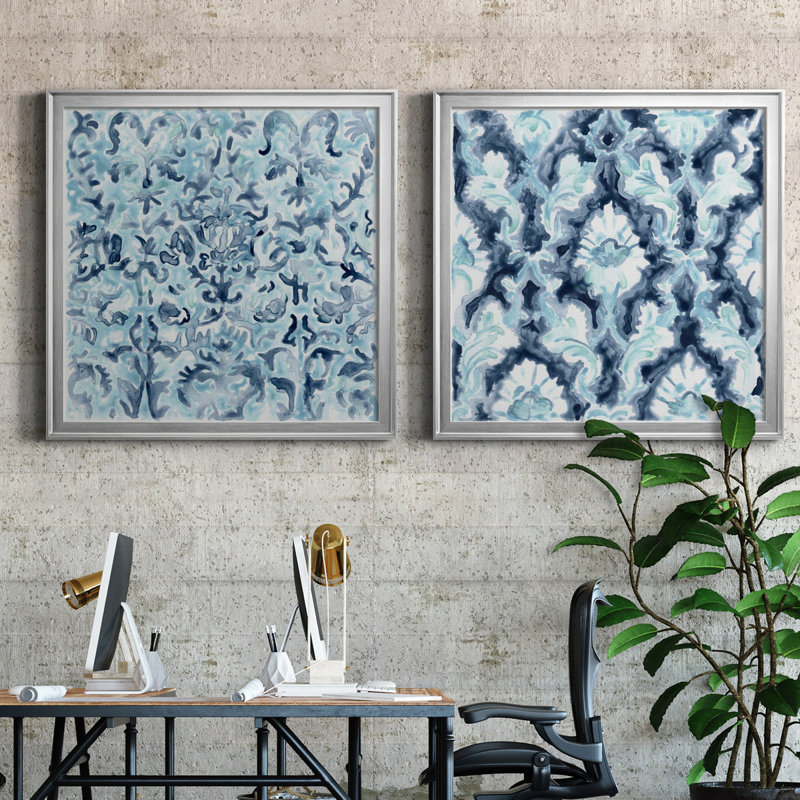 Carreau de mosaïque bleu azur III - Ensemble de cadres photo 2 pièces, H 30,5 po x l 61 po x P 3 po, Toile encadrée argentée
