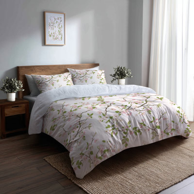 Floral Bedding Set Of 3 - Pink Blossom Air Duvet Cover And Throw Pillow Set