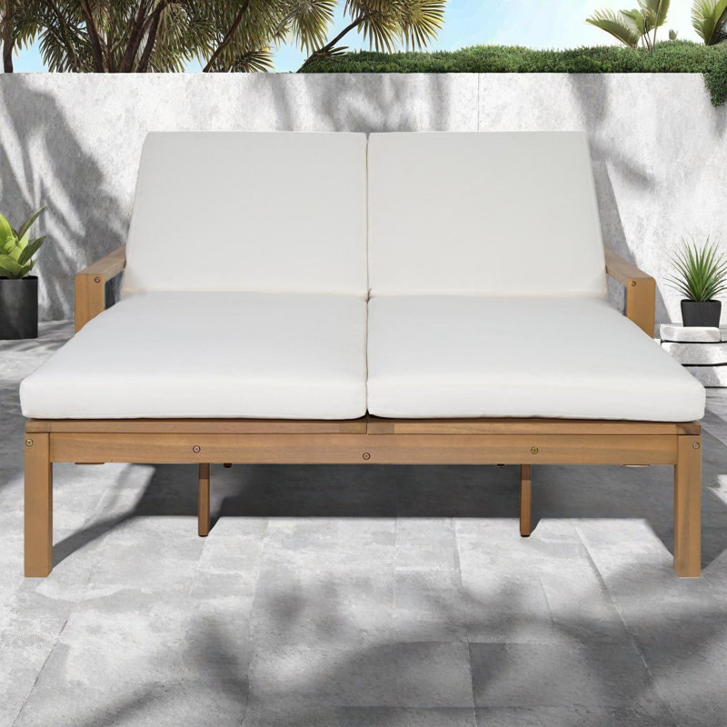 Outdoor Double Lounge Chair with 5-Position Backrest & Removable Cushions, Patio Chaise Lounge, Light Yellow Wood