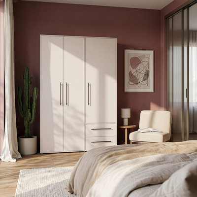 Timeless, industrial style wardrobe with 3 turning doors and 2 drawers, spacious interior, engineered wood, light beige , 144.4 cm W x 200.1 cm H x 58.8 cm D