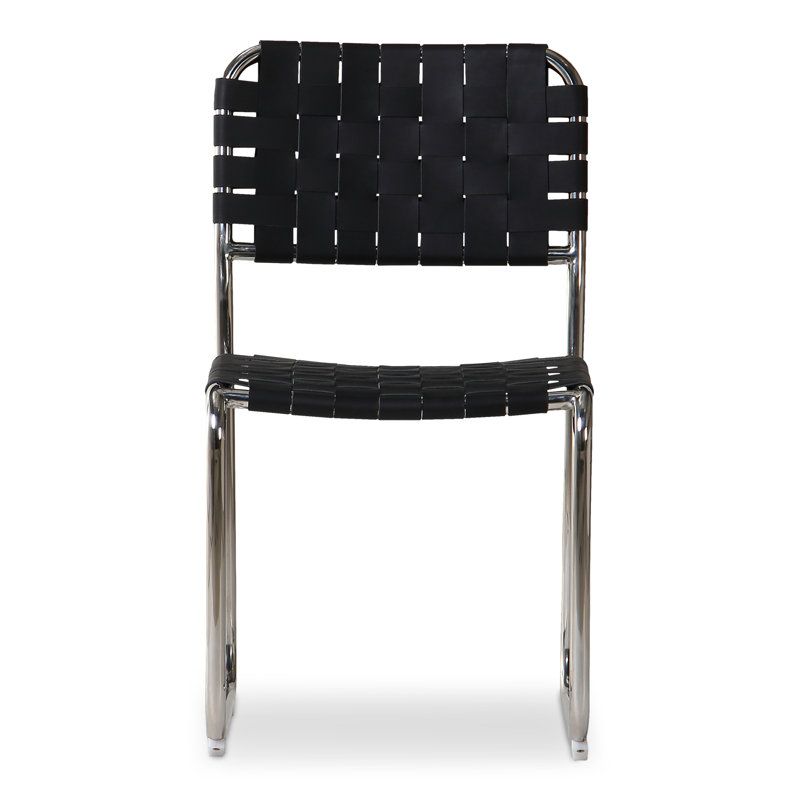 Moma Leather Dining Chair, Black Top Grain Leather, Silver