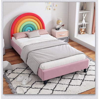Rainbow Design Upholstered Twin Platform Bed for Kids, Comfortable and Durable with Bright Colors and Easy Access