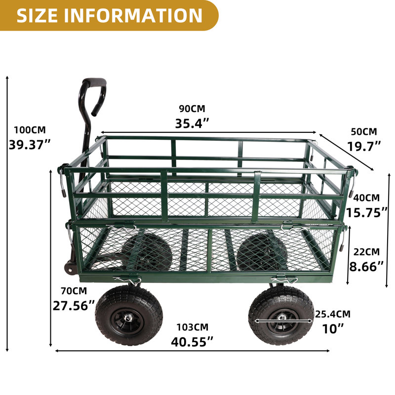 Chariot de jardin avec pneus gonflables, capacité de 600 lb